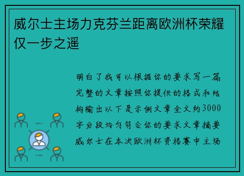 威尔士主场力克芬兰距离欧洲杯荣耀仅一步之遥